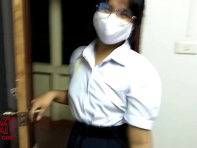 Asian teen sex with his girlfriend wear thai student uniform